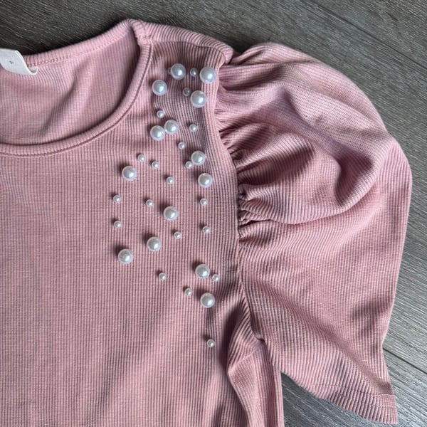 SHEIN Pearl Embellished Puff Sleeve Top Size 11-12Y Pink Ribbed
