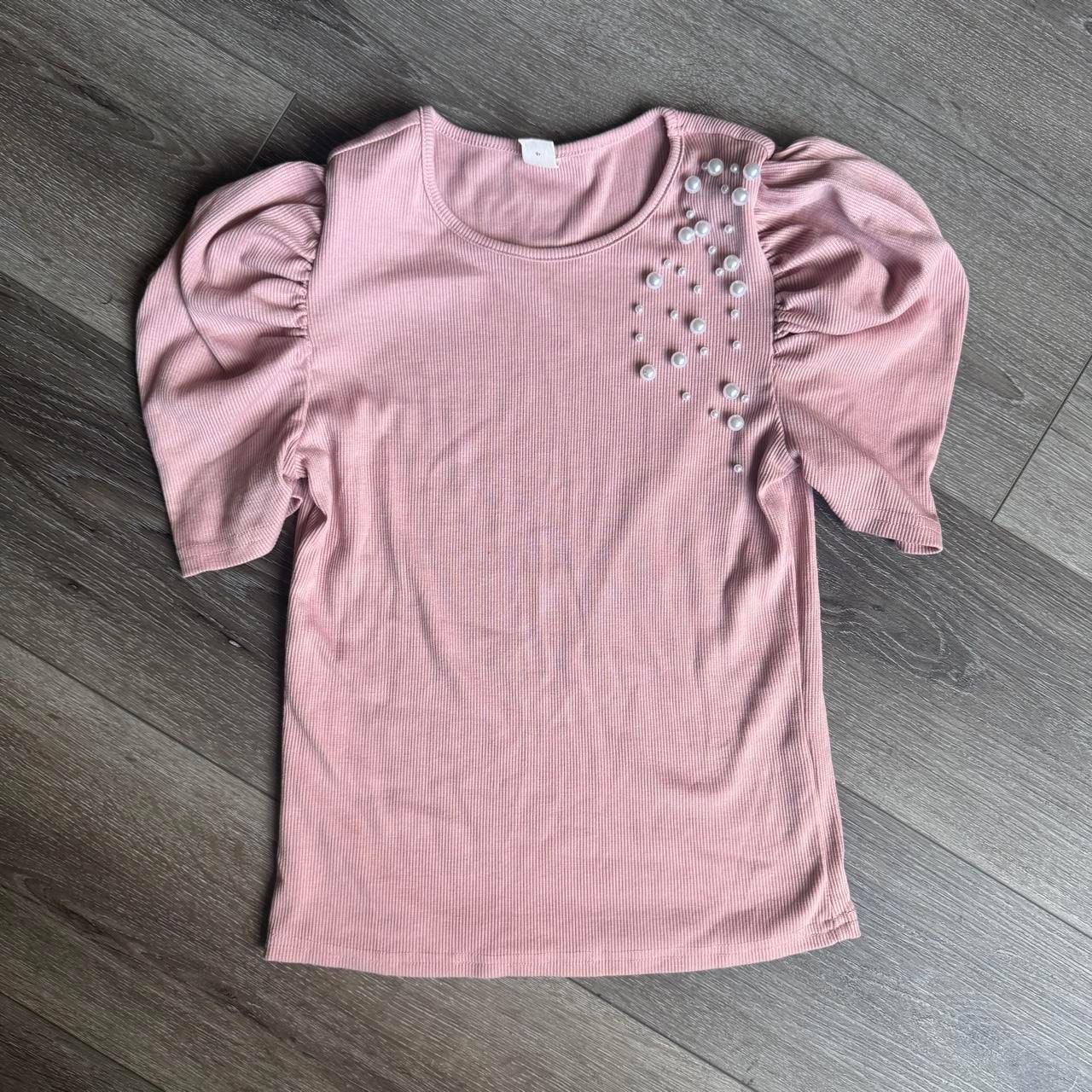 SHEIN Pearl Embellished Puff Sleeve Top Size 11-12Y Pink Ribbed 3