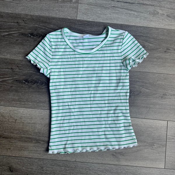 Old Navy Striped Lettuce Edge Fitted T-Shirt Size L (10-12) Green White