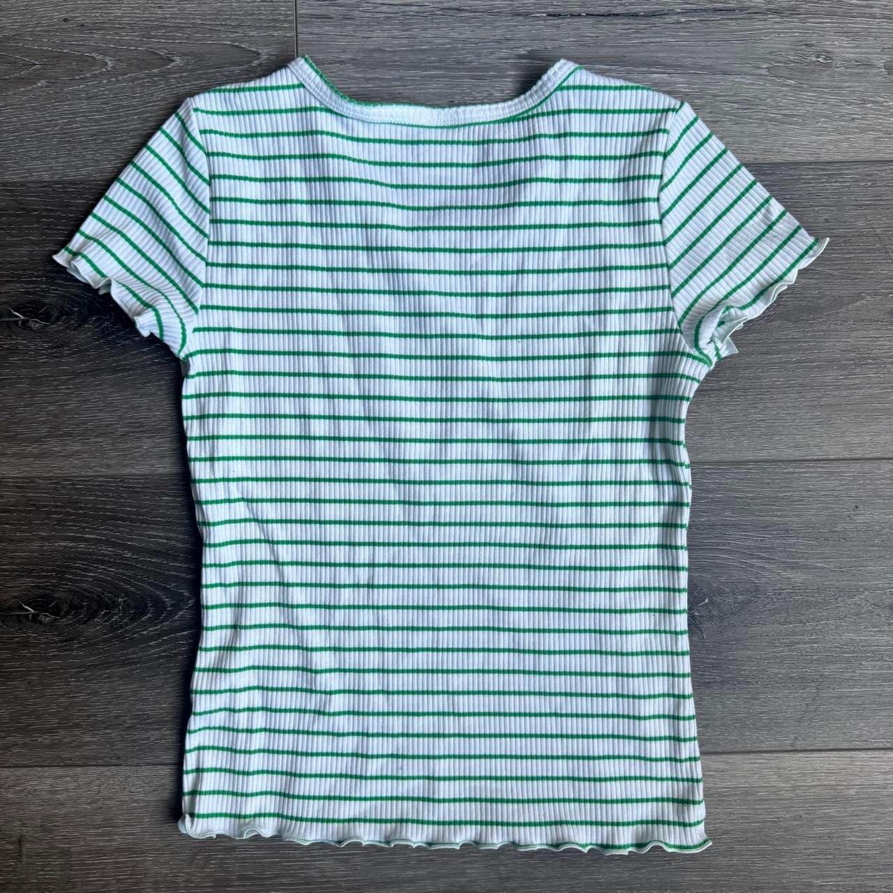 Old Navy Striped Lettuce Edge Fitted T-Shirt Size L (10-12) Green White 3