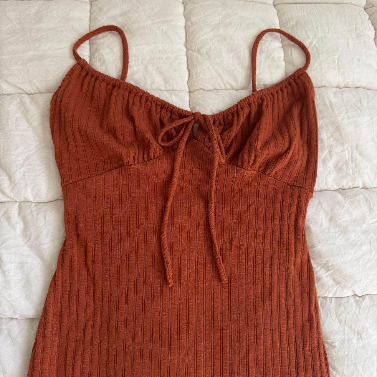 Chocolate Ribbed Knit Mini Dress Size M Rust Orange Tie Front 2