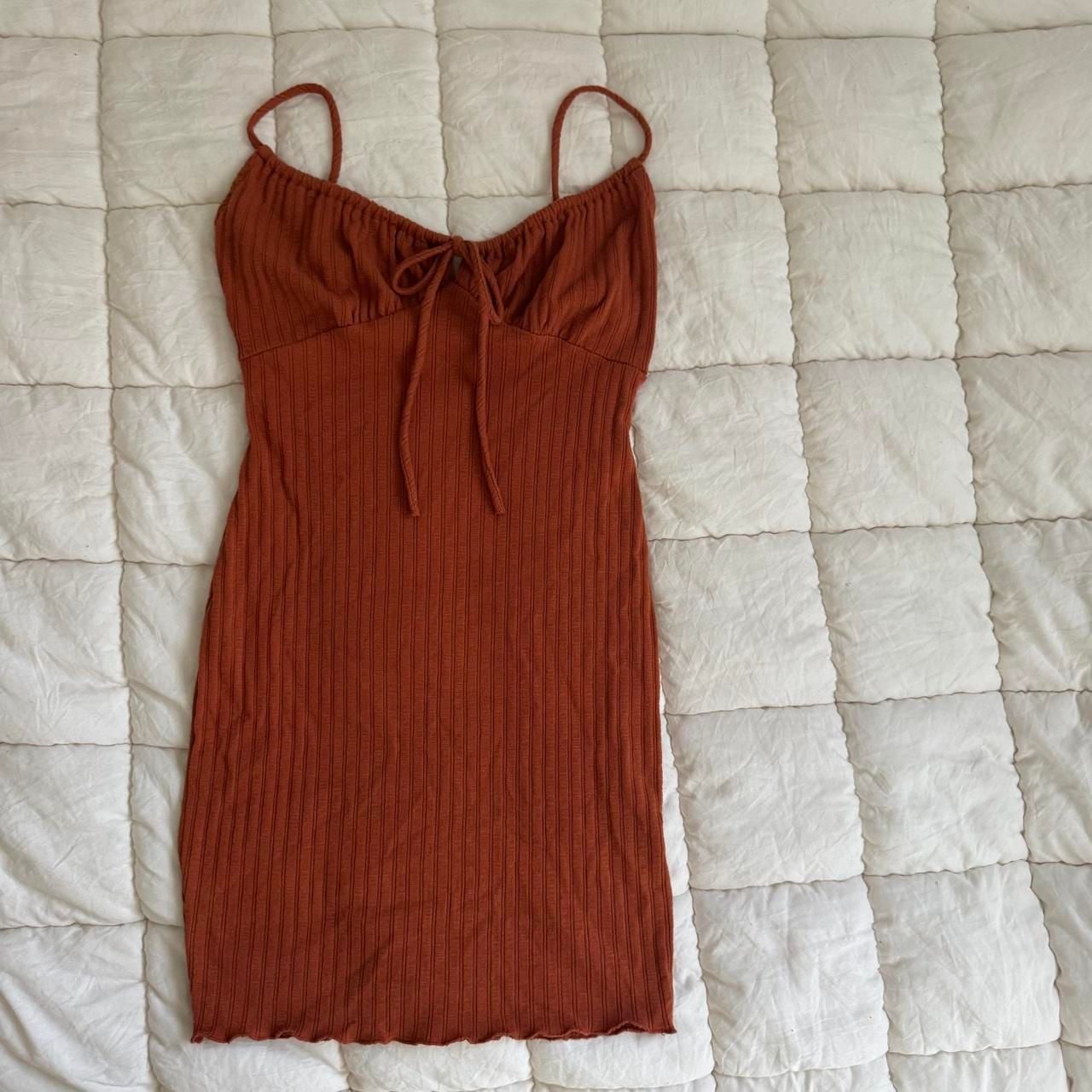 Chocolate Ribbed Knit Mini Dress Size M Rust Orange Tie Front 3