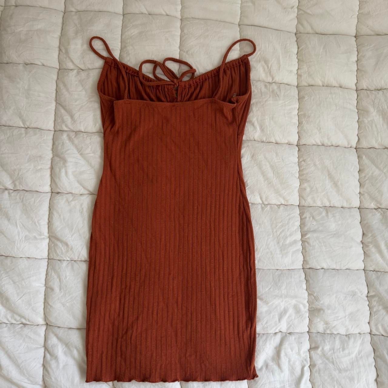 Chocolate Ribbed Knit Mini Dress Size M Rust Orange Tie Front 4