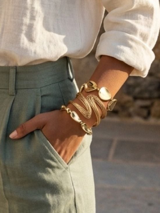 Set of Three Gold Tone Women’s Bracelet Set - Elegant Link & Disc Bangles 1