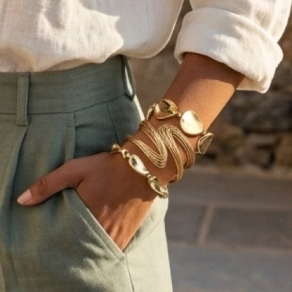 Set of Three Gold Tone Women’s Bracelet Set - Elegant Link & Disc Bangles