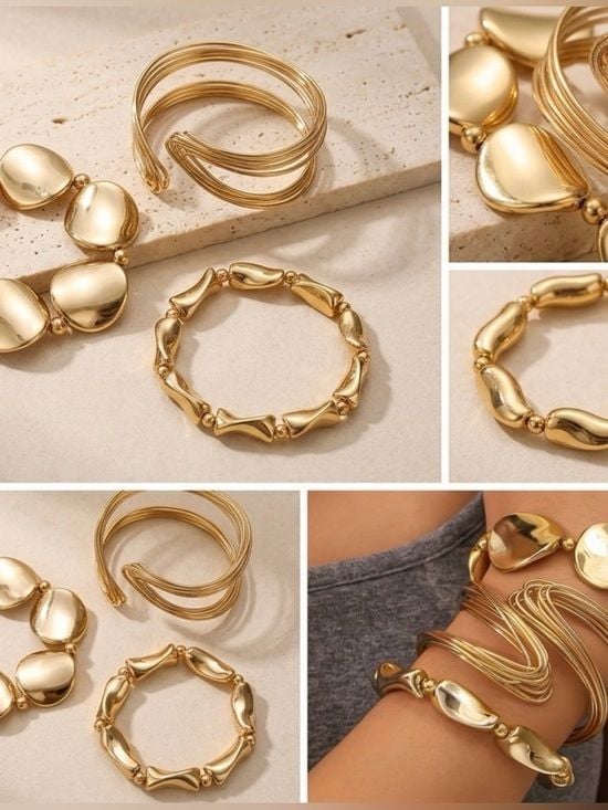 Set of Three Gold Tone Women’s Bracelet Set - Elegant Link & Disc Bangles 3