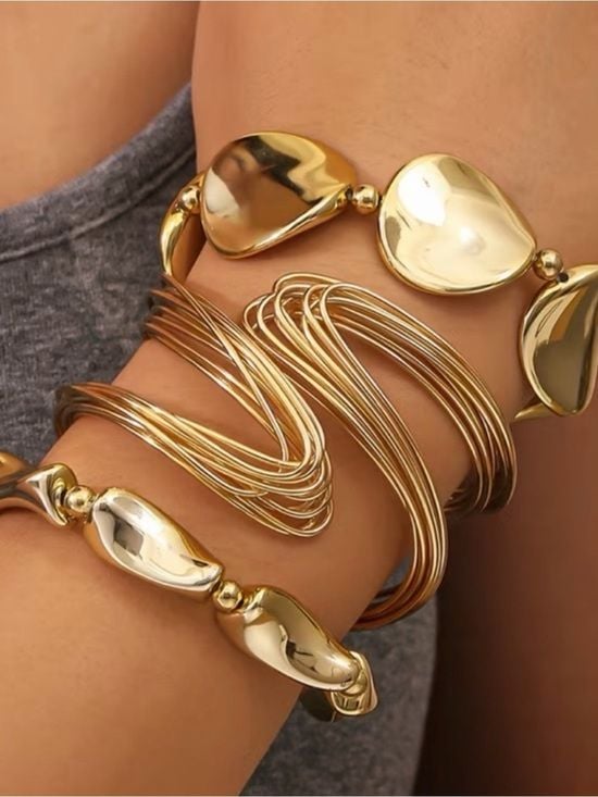 Set of Three Gold Tone Women’s Bracelet Set - Elegant Link & Disc Bangles 5
