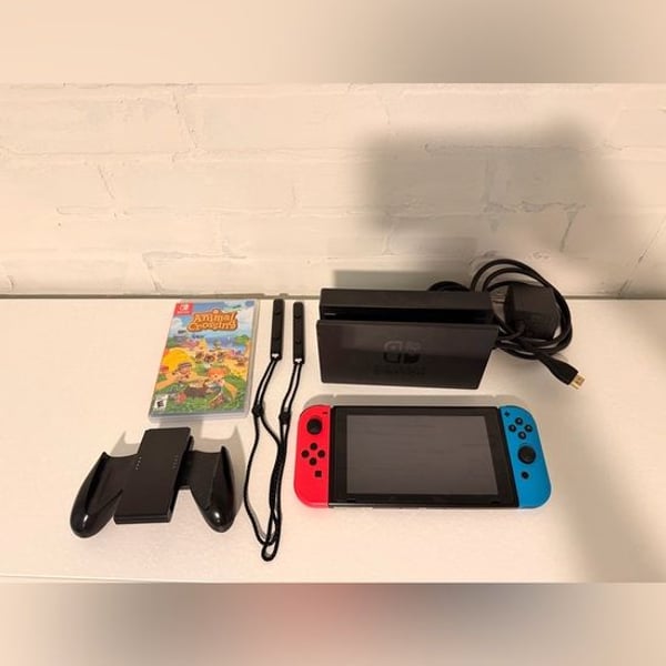 Nintendo Switch Console with Neon Red & Neon Blue Joy-Con + Animal Crossing Game