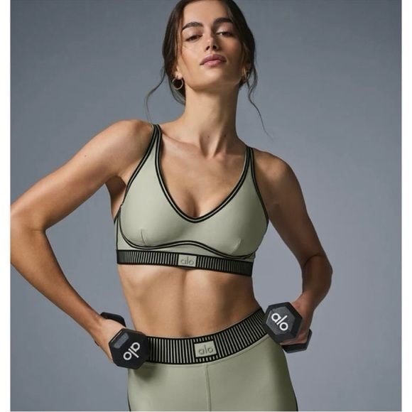 ALO Yoga Olive Green Sports Bra with Black Trim 2