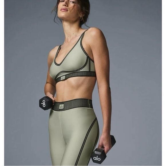 ALO Yoga Olive Green Sports Bra with Black Trim 3