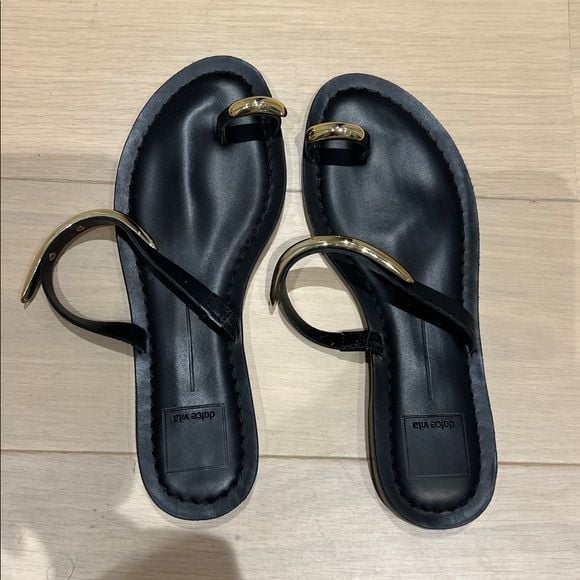 Dolce Vita Black Leather Gold Accent Toe-Ring Slide Sandals 5