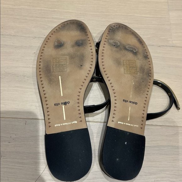 Dolce Vita Black Leather Gold Accent Toe-Ring Slide Sandals 8