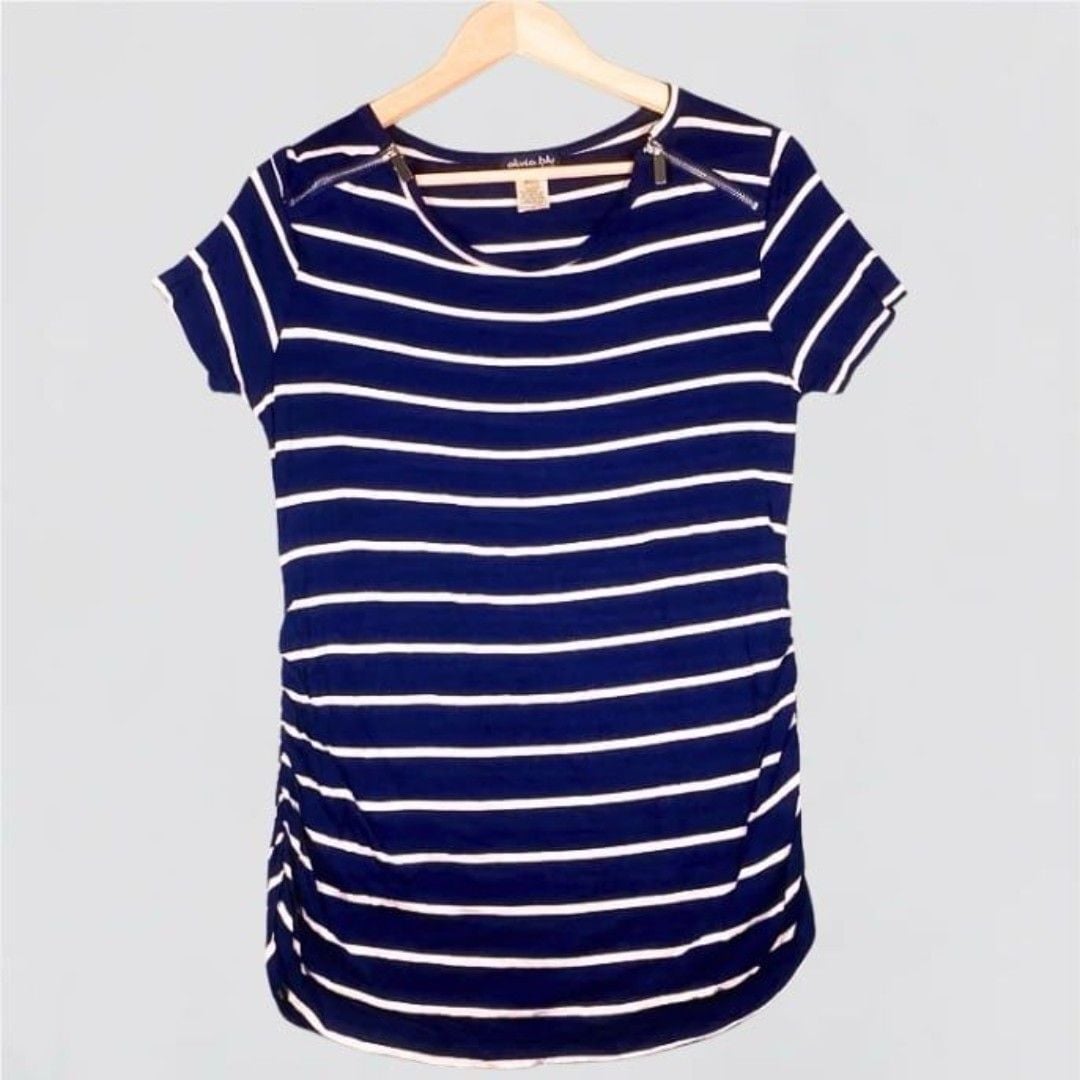 Olivia Blu Maternity Navy Blue and White Striped Short Sleeve Shirt Size M 2