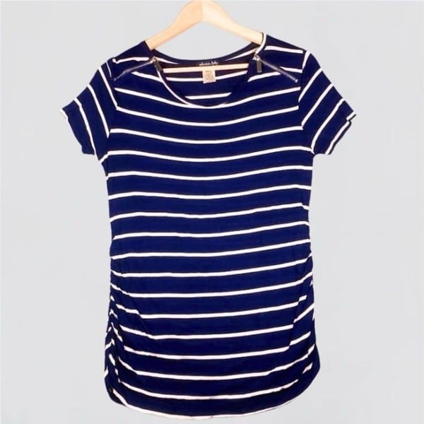 Olivia Blu Maternity Navy Blue and White Striped Short Sleeve Shirt Size M