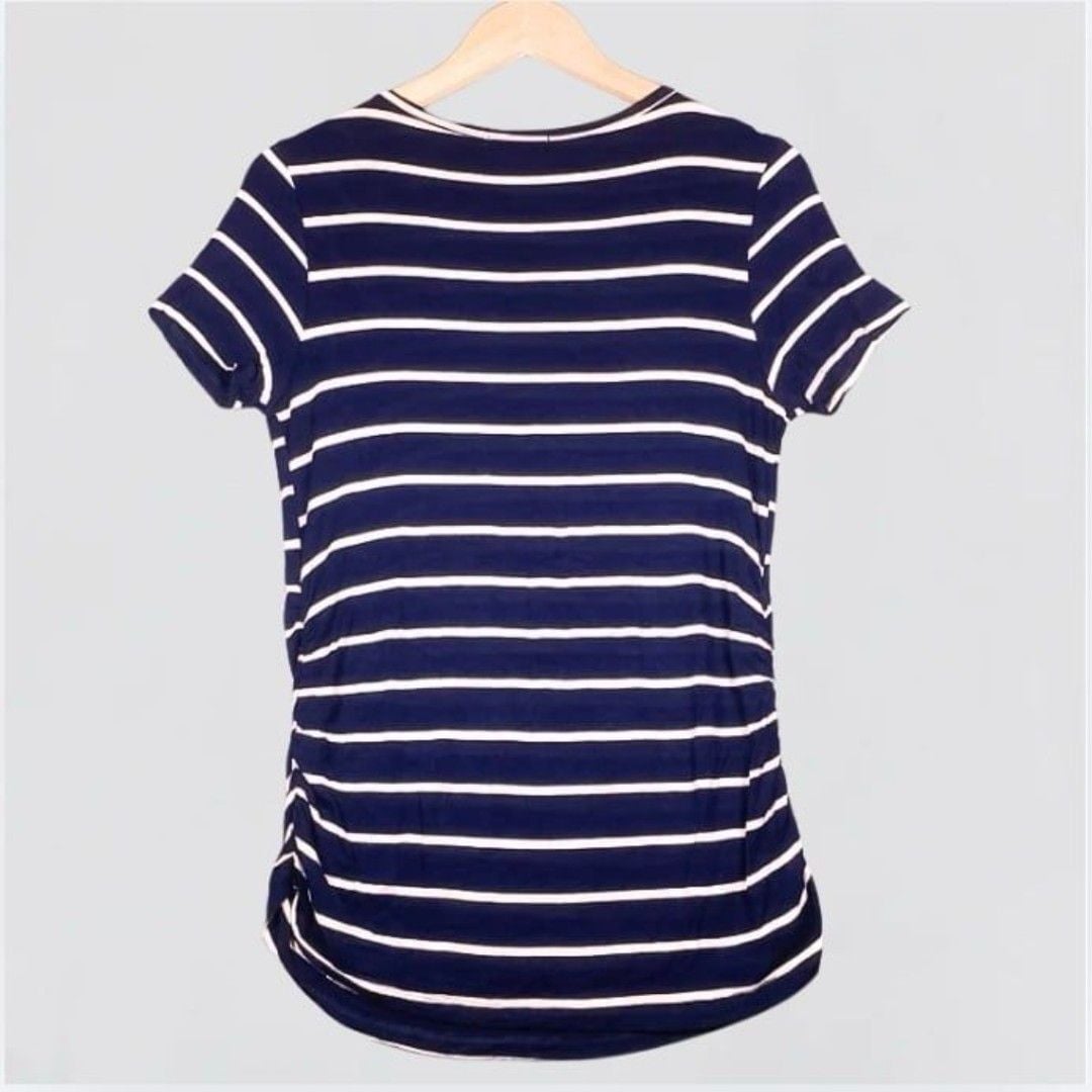 Olivia Blu Maternity Navy Blue and White Striped Short Sleeve Shirt Size M 4