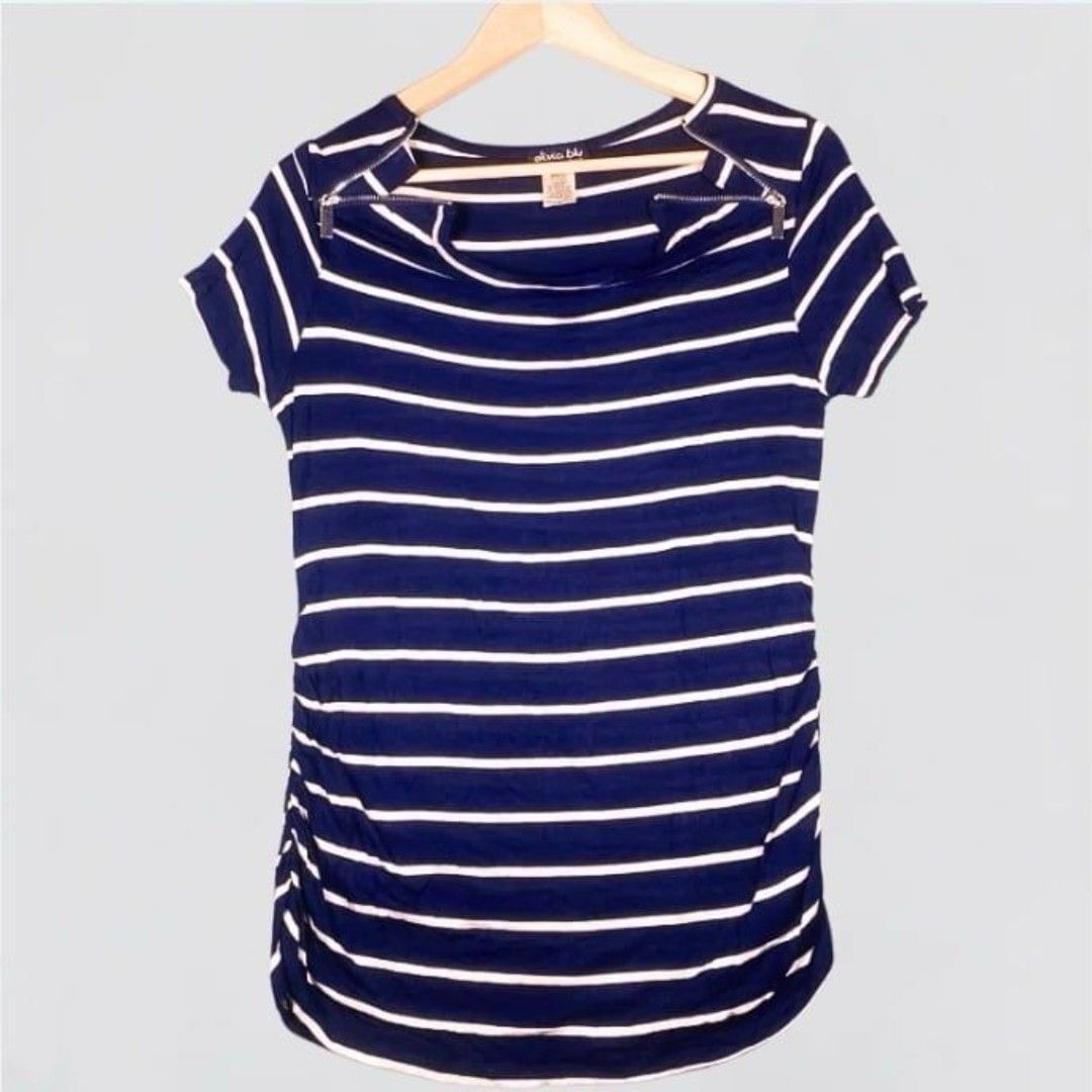 Olivia Blu Maternity Navy Blue and White Striped Short Sleeve Shirt Size M 7