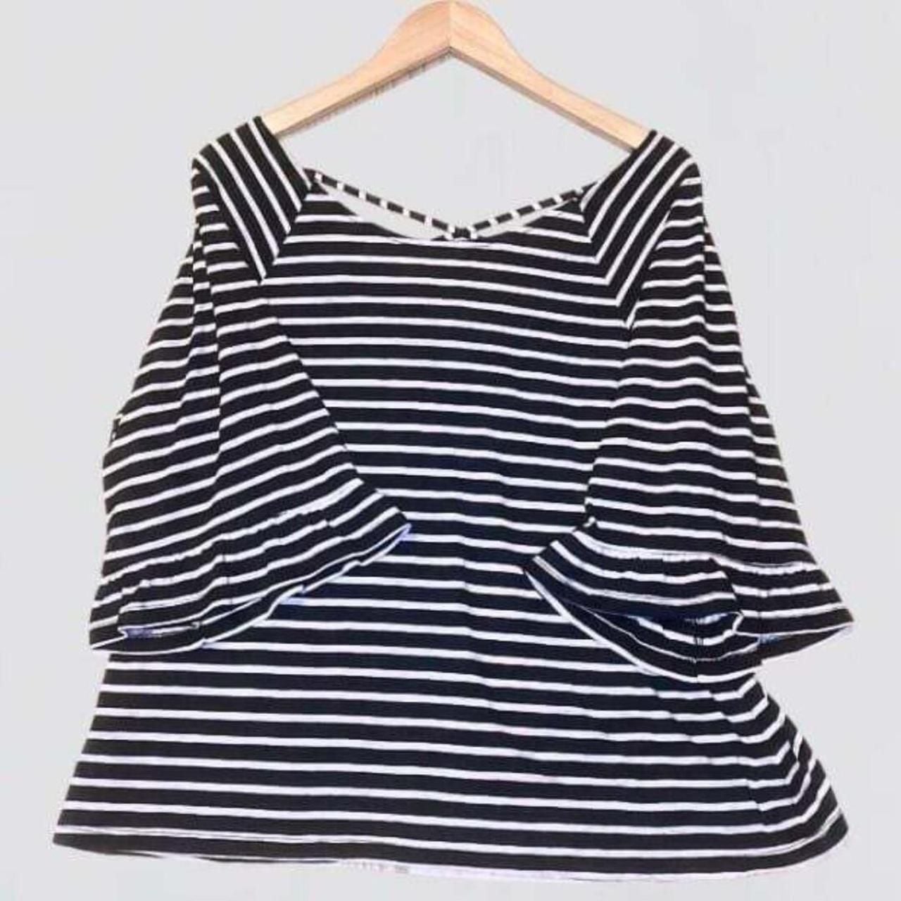 a.n.a Striped Top Size M Black White Crisscross Back Ruffle Sleeves 2