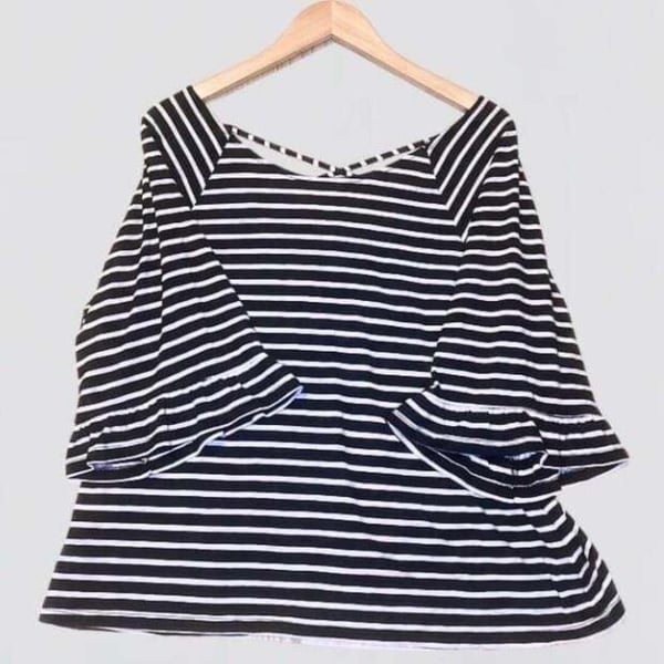 a.n.a Striped Top Size M Black White Crisscross Back Ruffle Sleeves