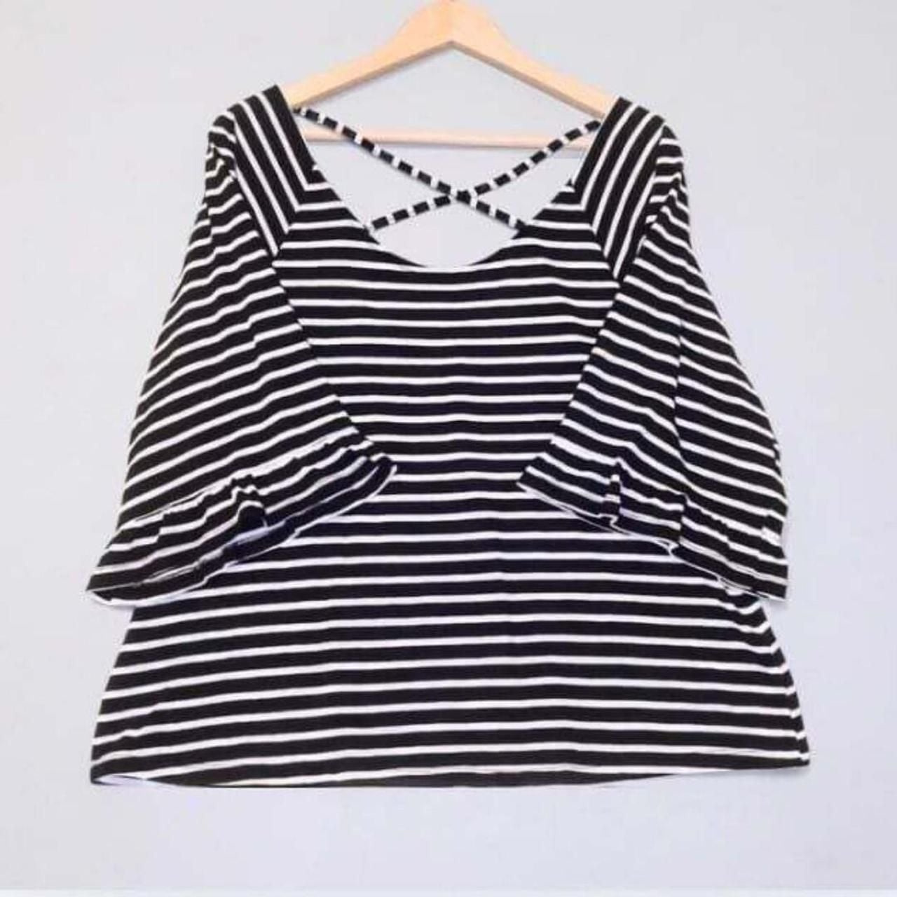 a.n.a Striped Top Size M Black White Crisscross Back Ruffle Sleeves 4