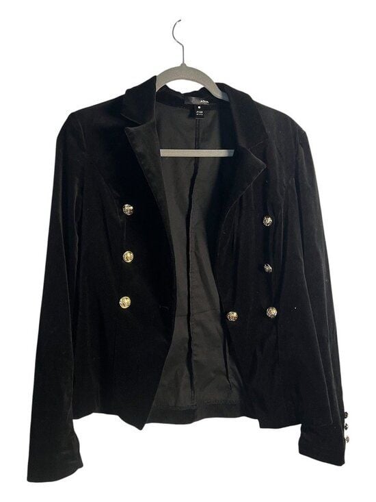 Aqua Black Velvet Double Breasted Military Blazer Gold Buttons Sz M 3