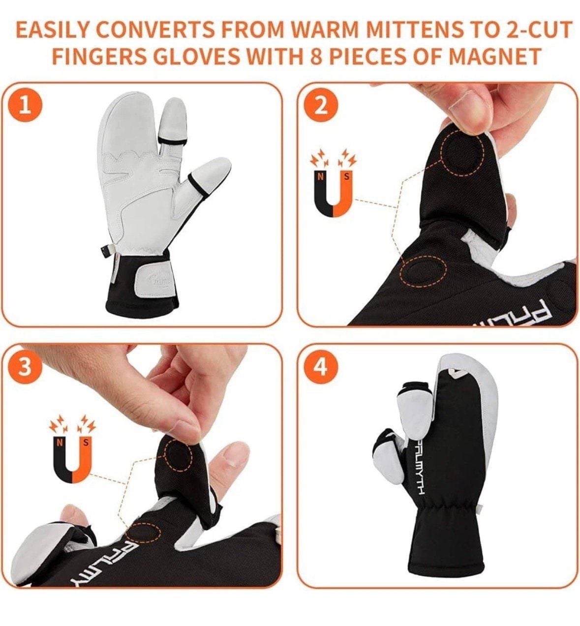 Palmyth Magnetic Leather Convertible Gloves/Mitten Ice Fishing large Ski 2