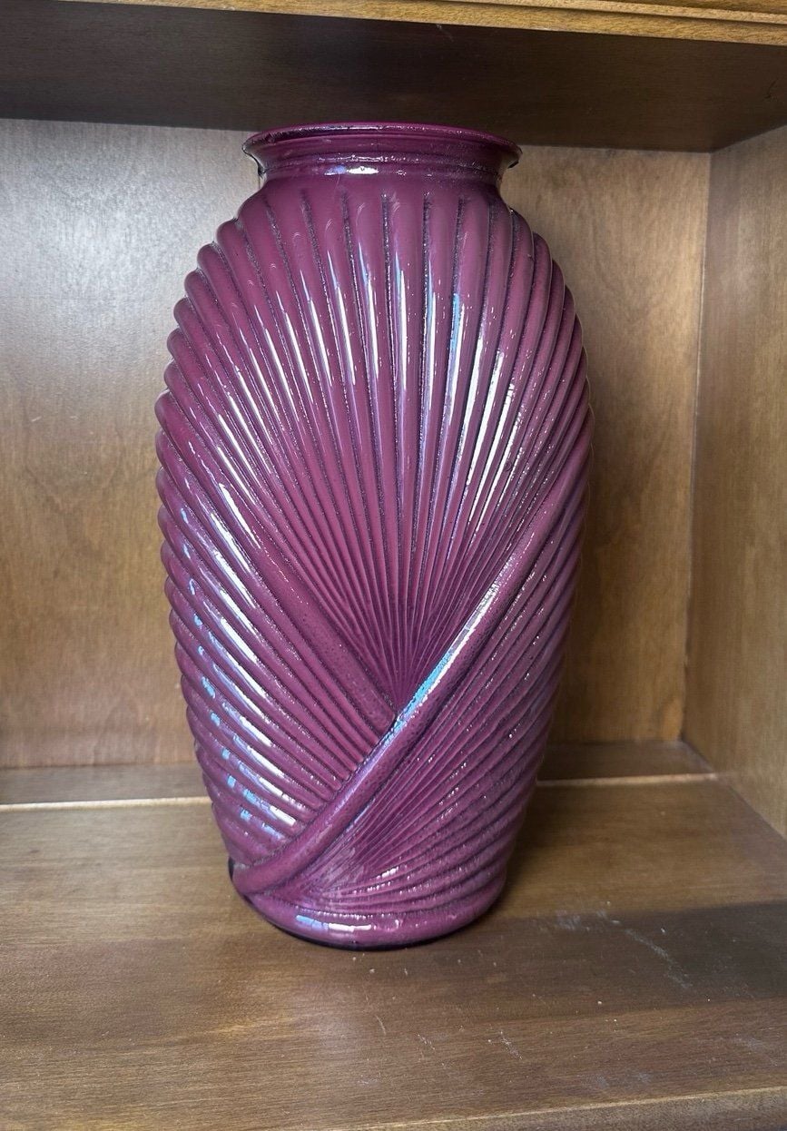 Glass Vase Anchor Hocking 1980s Red Art Deco mcm Draped Ribbed Pleated shell 1