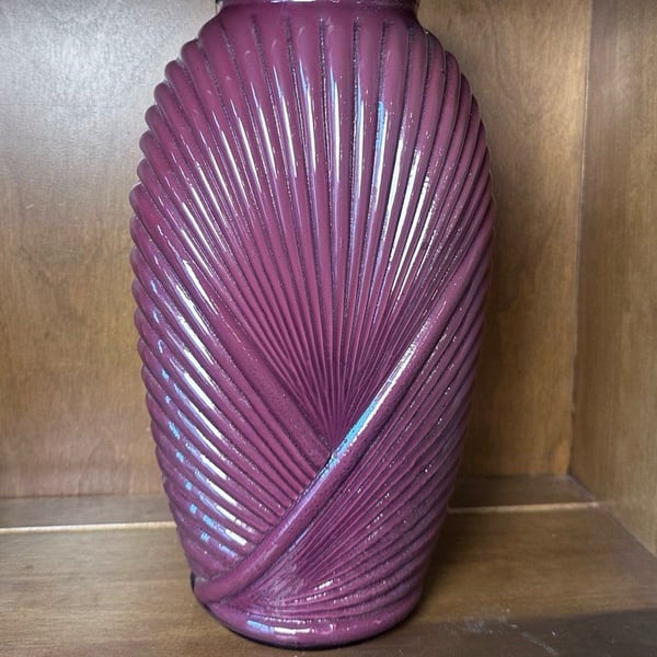 Glass Vase Anchor Hocking 1980s Red Art Deco mcm Draped Ribbed Pleated shell