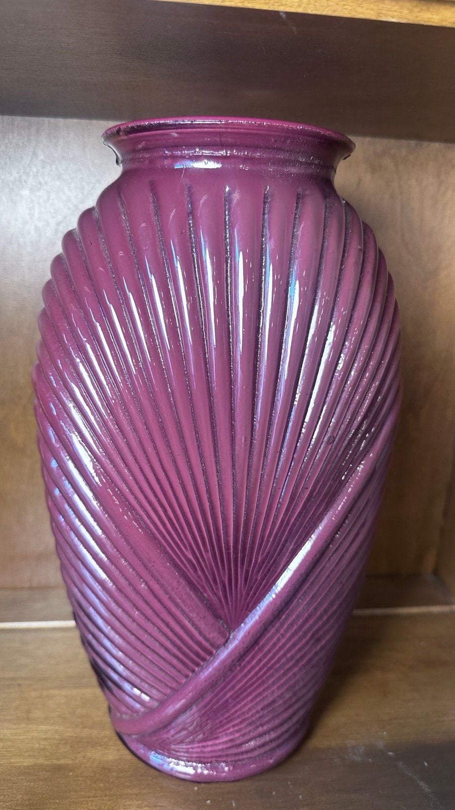 Glass Vase Anchor Hocking 1980s Red Art Deco mcm Draped Ribbed Pleated shell 2