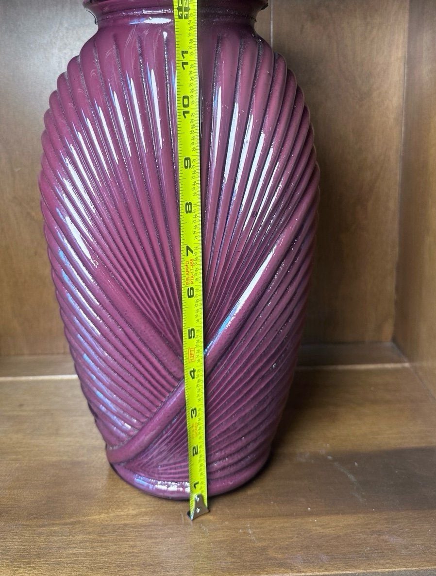 Glass Vase Anchor Hocking 1980s Red Art Deco mcm Draped Ribbed Pleated shell 4