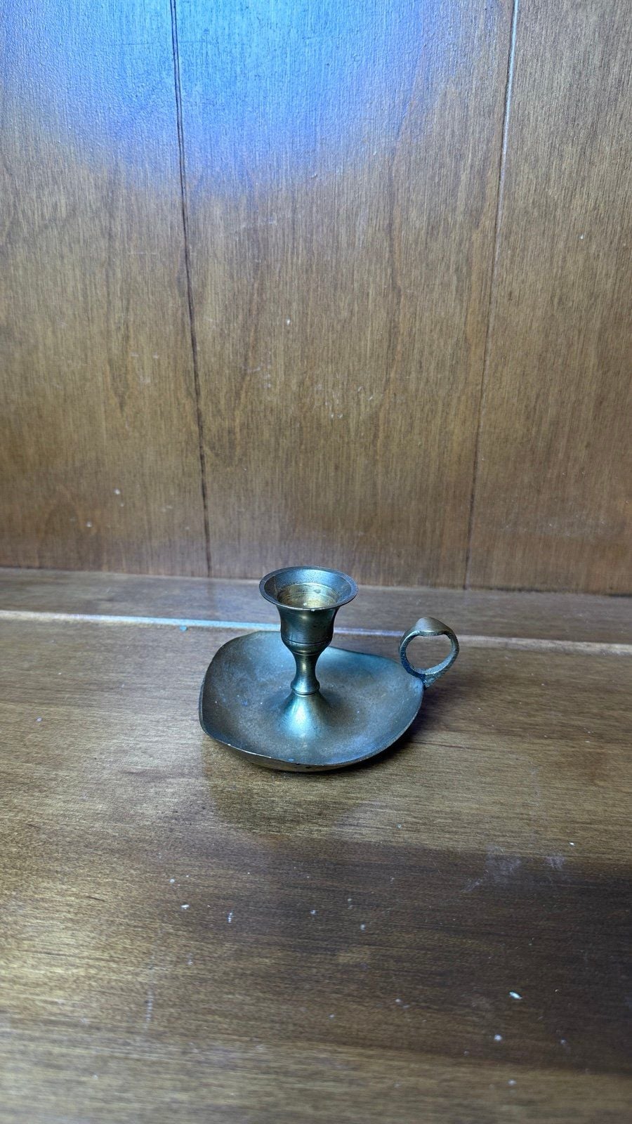 Vintage Brass Candle Holder with Handle Chamber Stick Finger Hole Great Patina 1