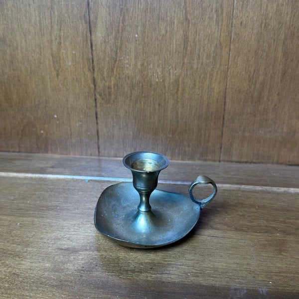 Vintage Brass Candle Holder with Handle Chamber Stick Finger Hole Great Patina