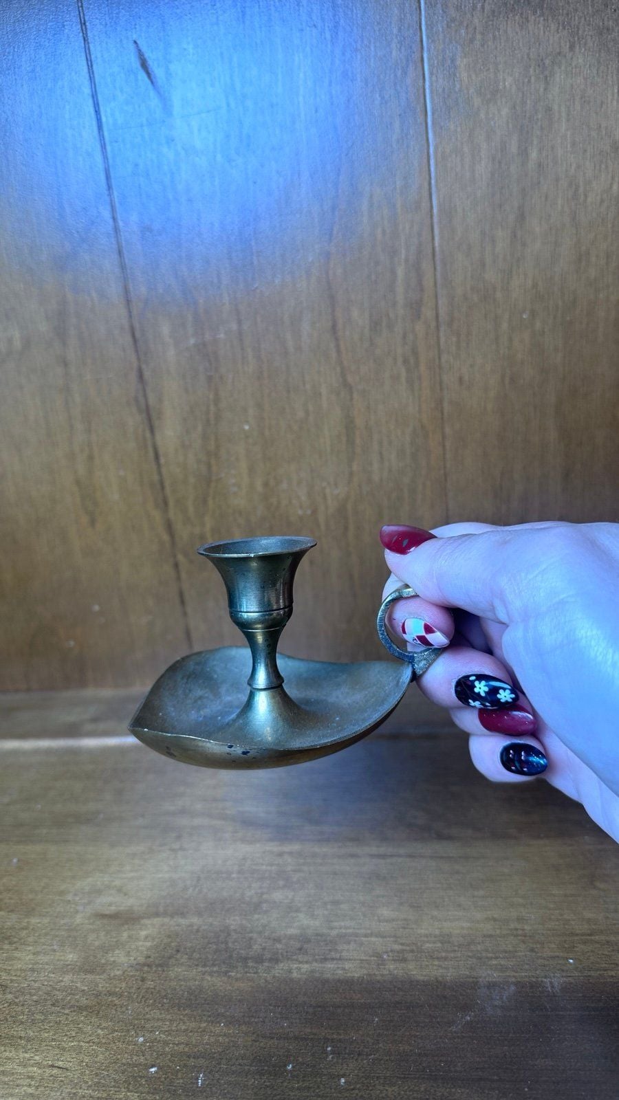 Vintage Brass Candle Holder with Handle Chamber Stick Finger Hole Great Patina 2