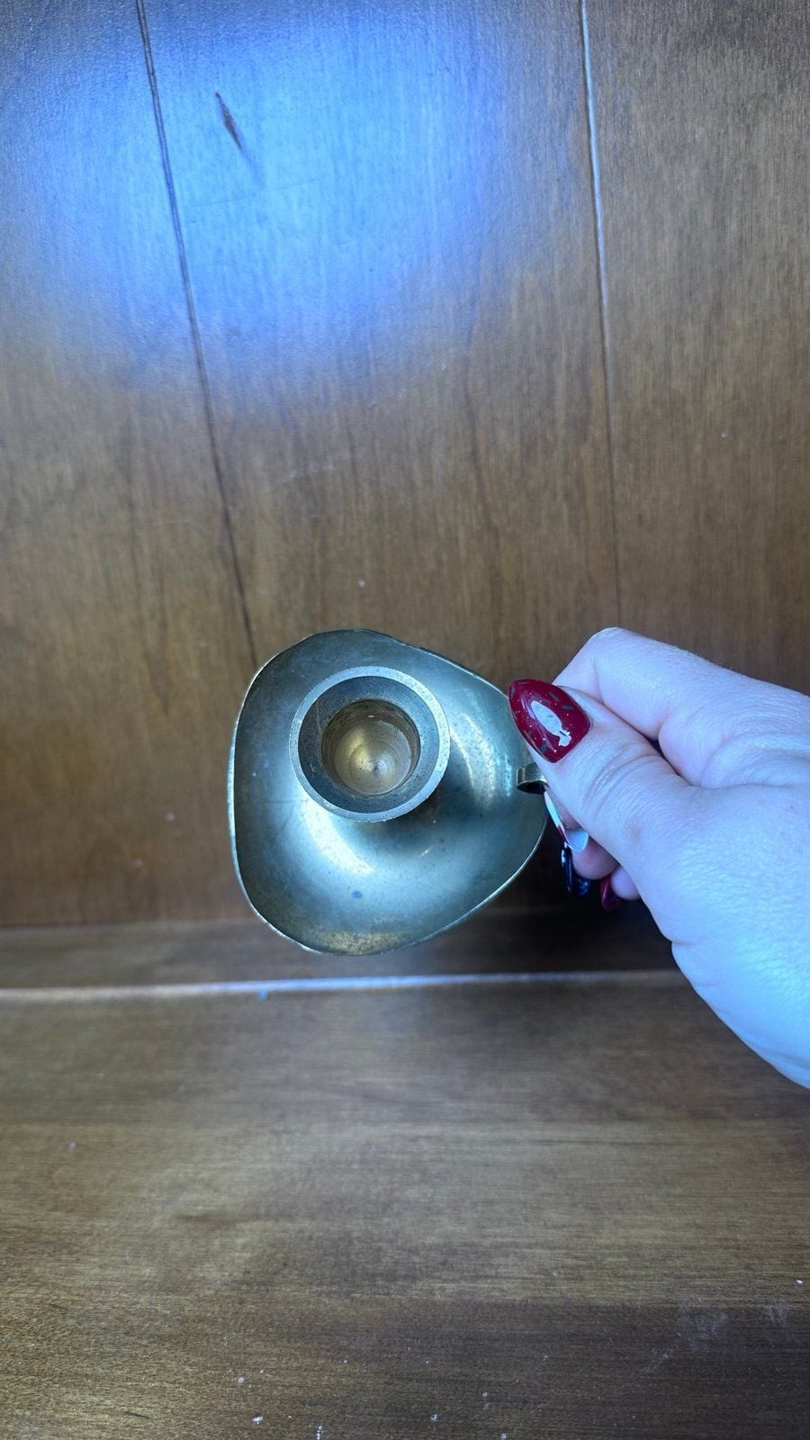 Vintage Brass Candle Holder with Handle Chamber Stick Finger Hole Great Patina 3