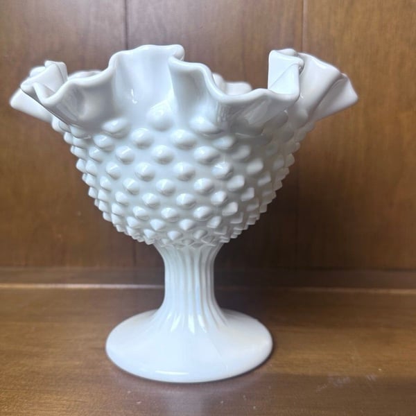 Vintage Fenton Hobnail White Milk Glass Pedestal Compote Candy Dish