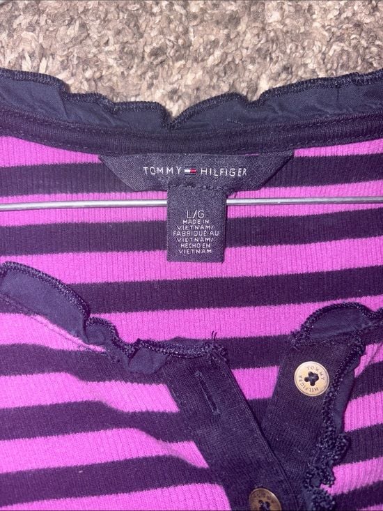 Y2K Tommy Hilfiger Purple and Black Striped Long-Sleeve Henley 3