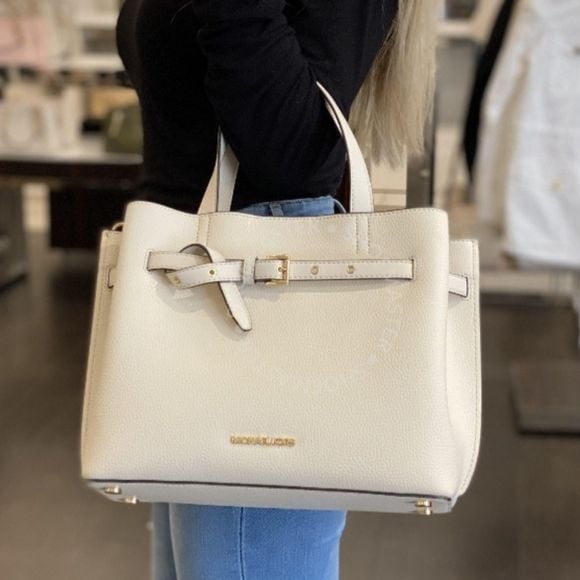 Michael Kors White Pebbled Leather Satchel with Gold Hardware 11