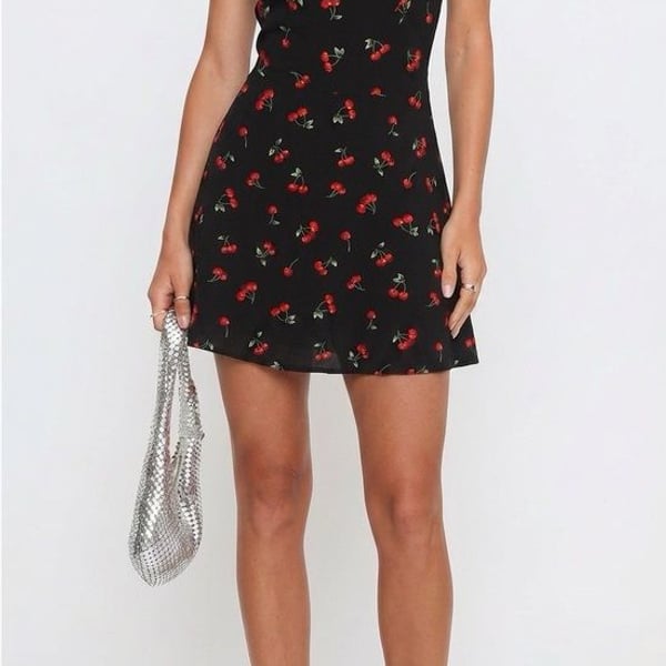 SHEIN Black Mini Dress with Red Cherry Print