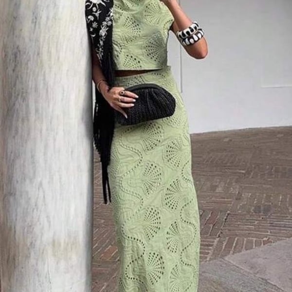 Crochet Maxi Skirt and eyelet tank matching in Sage Green, Sz L 🌴