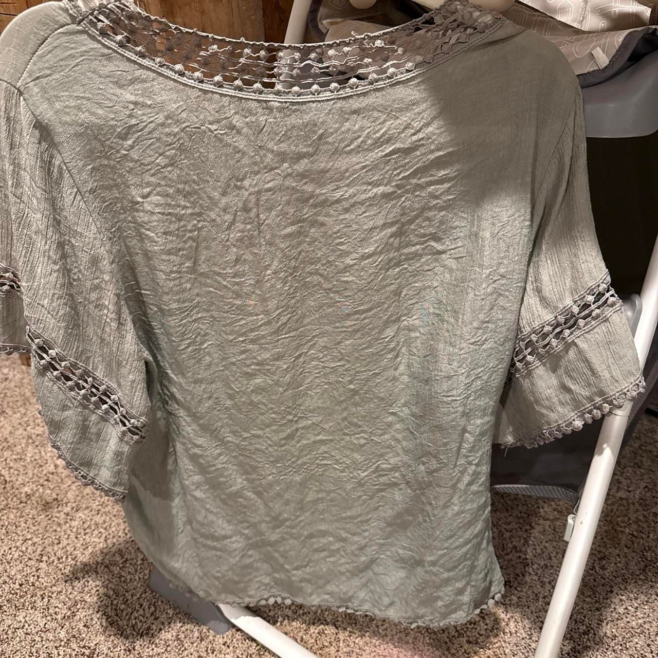 Unique Spectrum Silver Blouse Size S Crochet Lace Trim Top 4