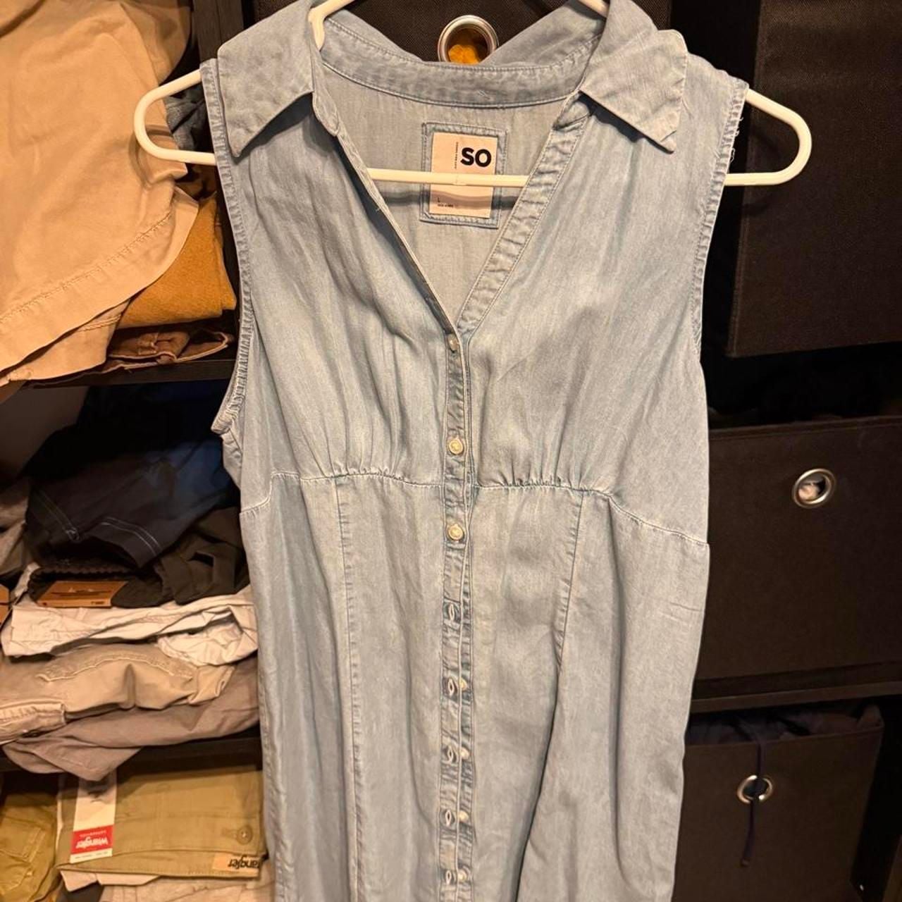 SO Sleeveless Denim Shirt Dress Size L Light Blue Chambray 2