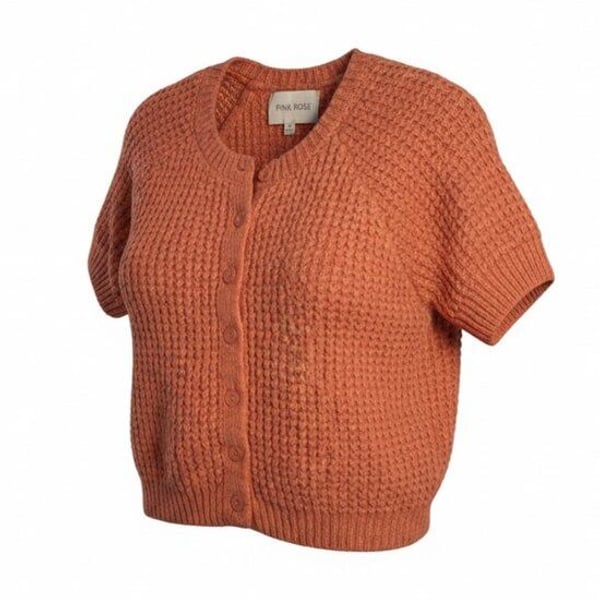 Pink Rose Waffle Knit Short Sleeve Cardigan Sweater Coral Cropped Top Size M