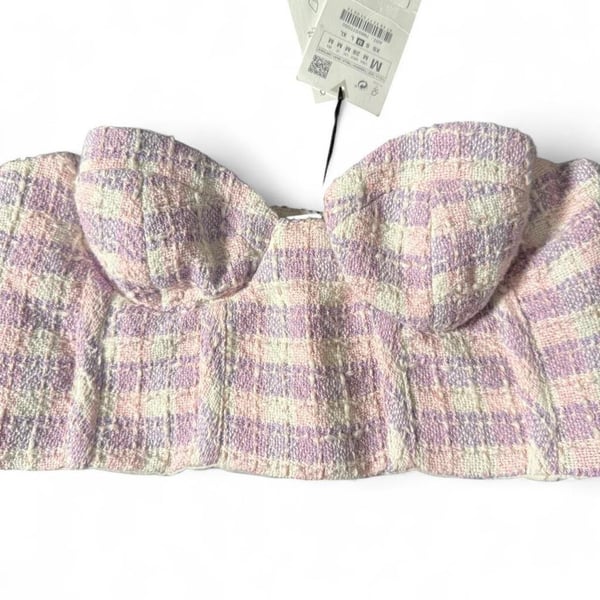 Zara Tweed Corset Top Size M Pink White Cropped Strapless