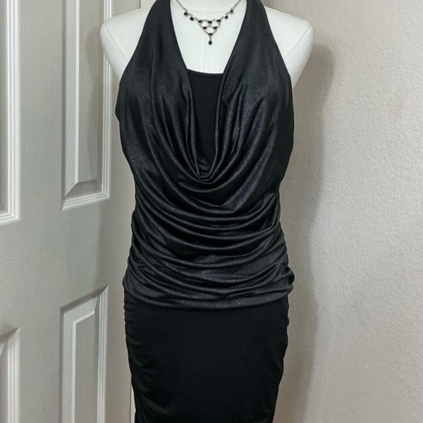 Forever 21 Metallic Cowl Neck Mini Dress Size L Black Y2K Ruched