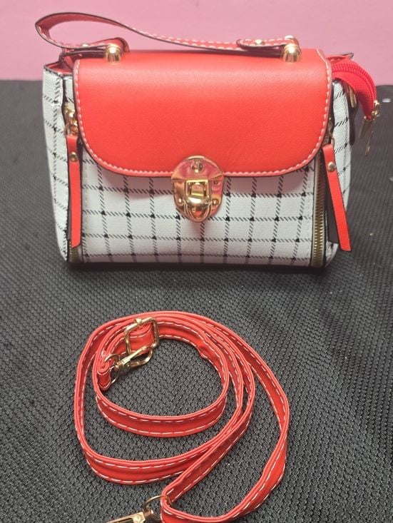 Red & White Plaid Crossbody Bag with Gold Hardware 2