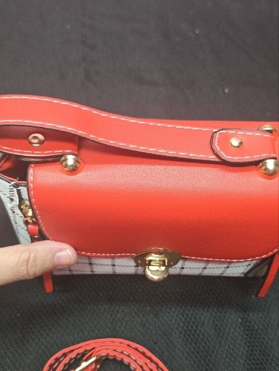 Red & White Plaid Crossbody Bag with Gold Hardware 3