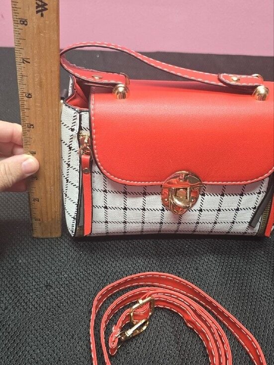 Red & White Plaid Crossbody Bag with Gold Hardware 6