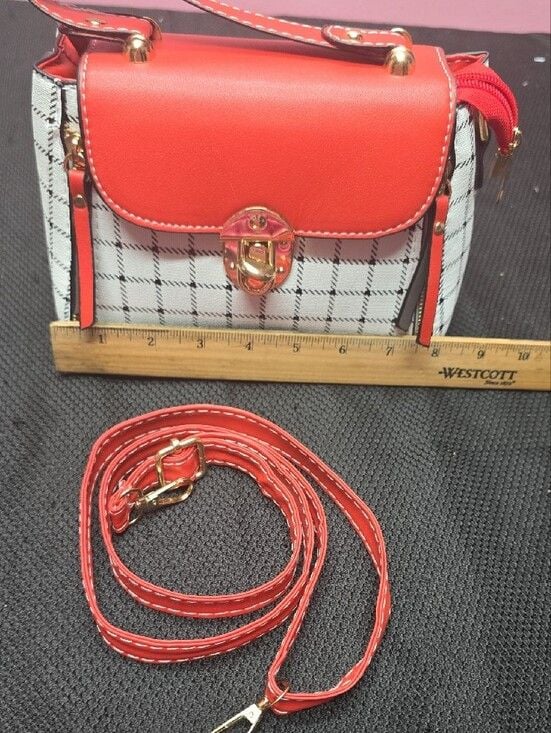 Red & White Plaid Crossbody Bag with Gold Hardware 7