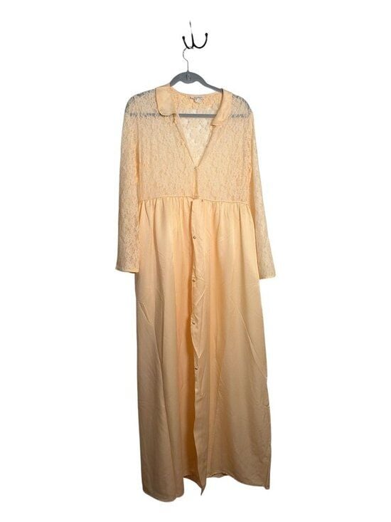 Vintage Barbizon Peach Satin Lace Peignoir Robe Duster Button Front Maxi Size M 2