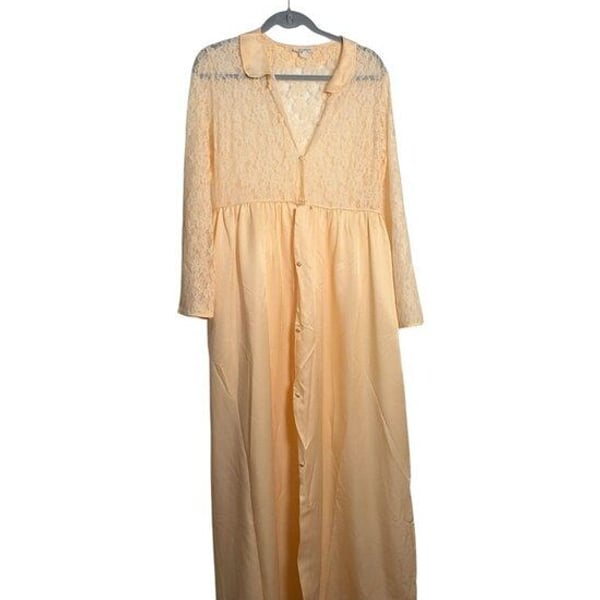 Vintage Barbizon Peach Satin Lace Peignoir Robe Duster Button Front Maxi Size M