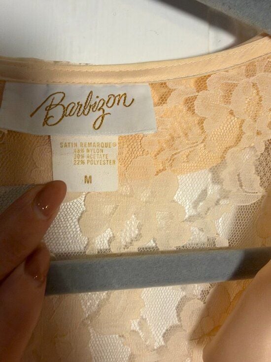 Vintage Barbizon Peach Satin Lace Peignoir Robe Duster Button Front Maxi Size M 3